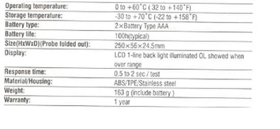 جدول مشخصات فنی دماسنج dt-161