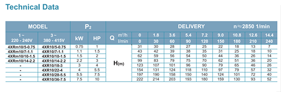 جدول مشخصات فنی پمپ شناور لئو مدل 4xrm10-13