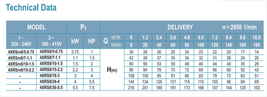 جدول مشخصات فنی پمپ شناور لئو مدل 4XRS8-25