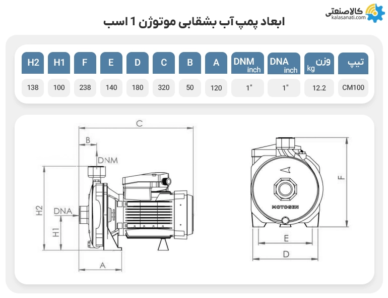 ابعاد پمپ آب بشقابی موتوژن