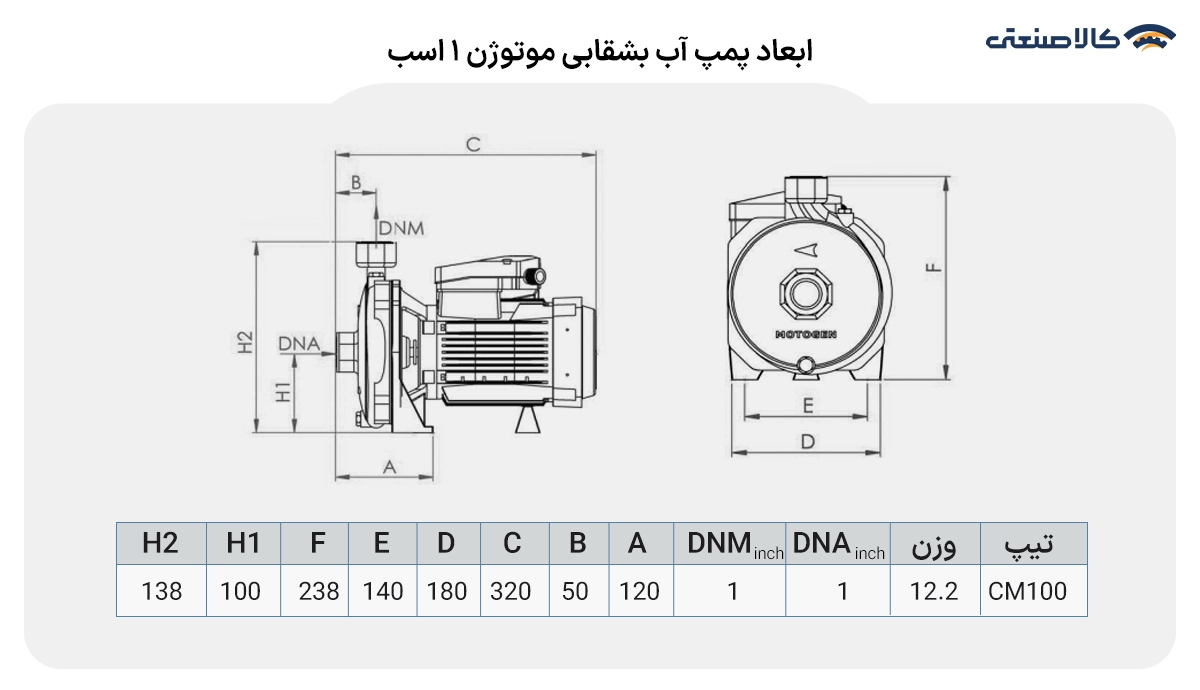ابعاد پمپ آب بشقابی موتوژن