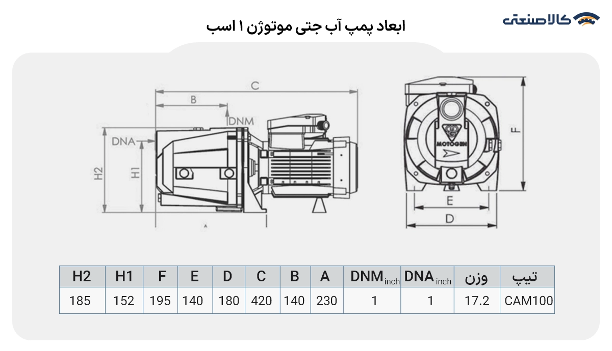 ابعاد پمپ آب جتی موتوژن 1 اسب